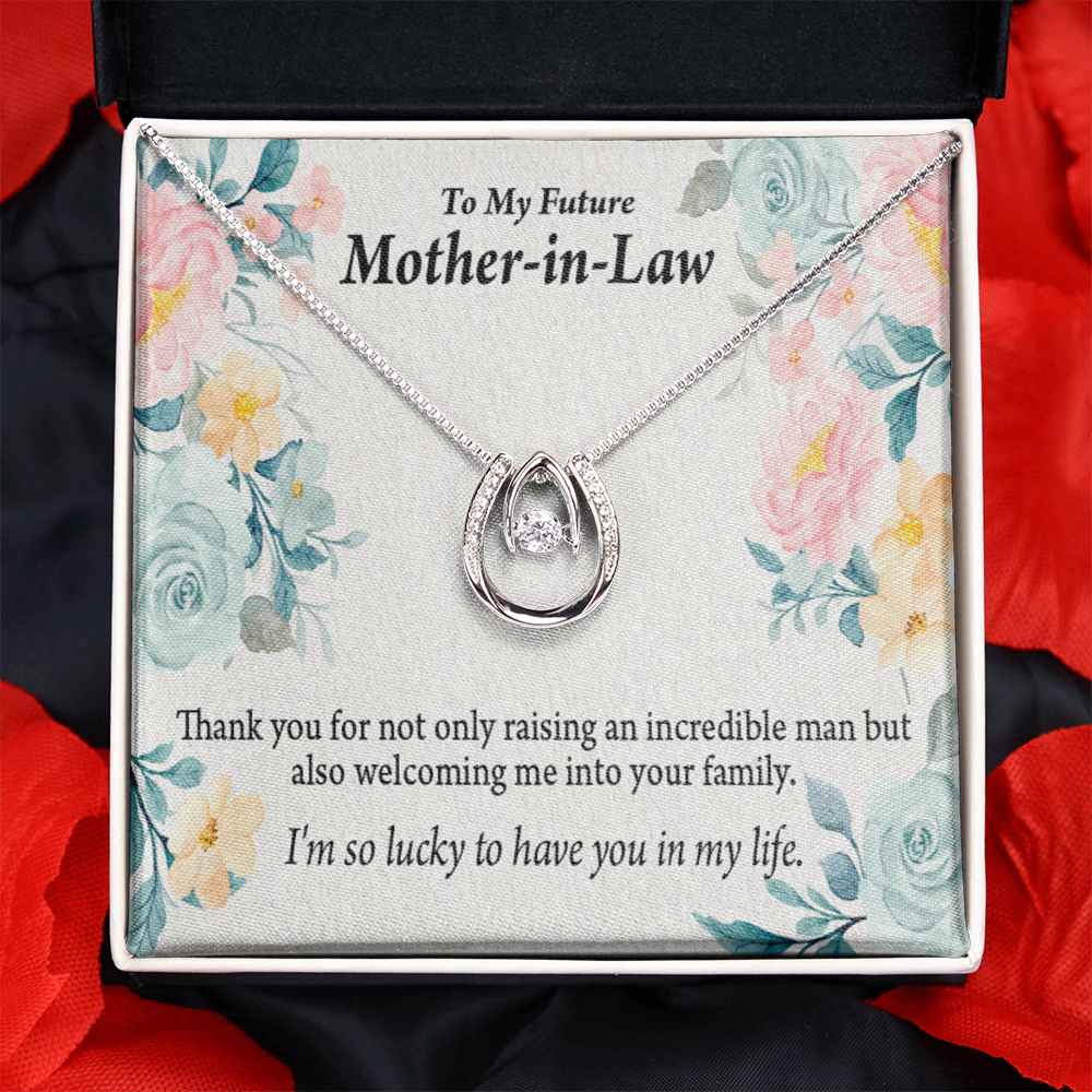 Bonus Mom Mother-in-Law Lucky Horseshoe Necklace Message Card 14k w CZ Crystals-Express Your Love Gifts