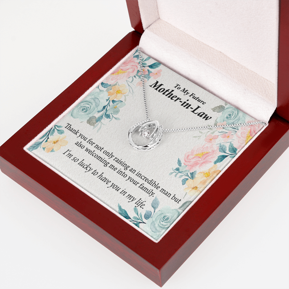 Bonus Mom Mother-in-Law Lucky Horseshoe Necklace Message Card 14k w CZ Crystals-Express Your Love Gifts