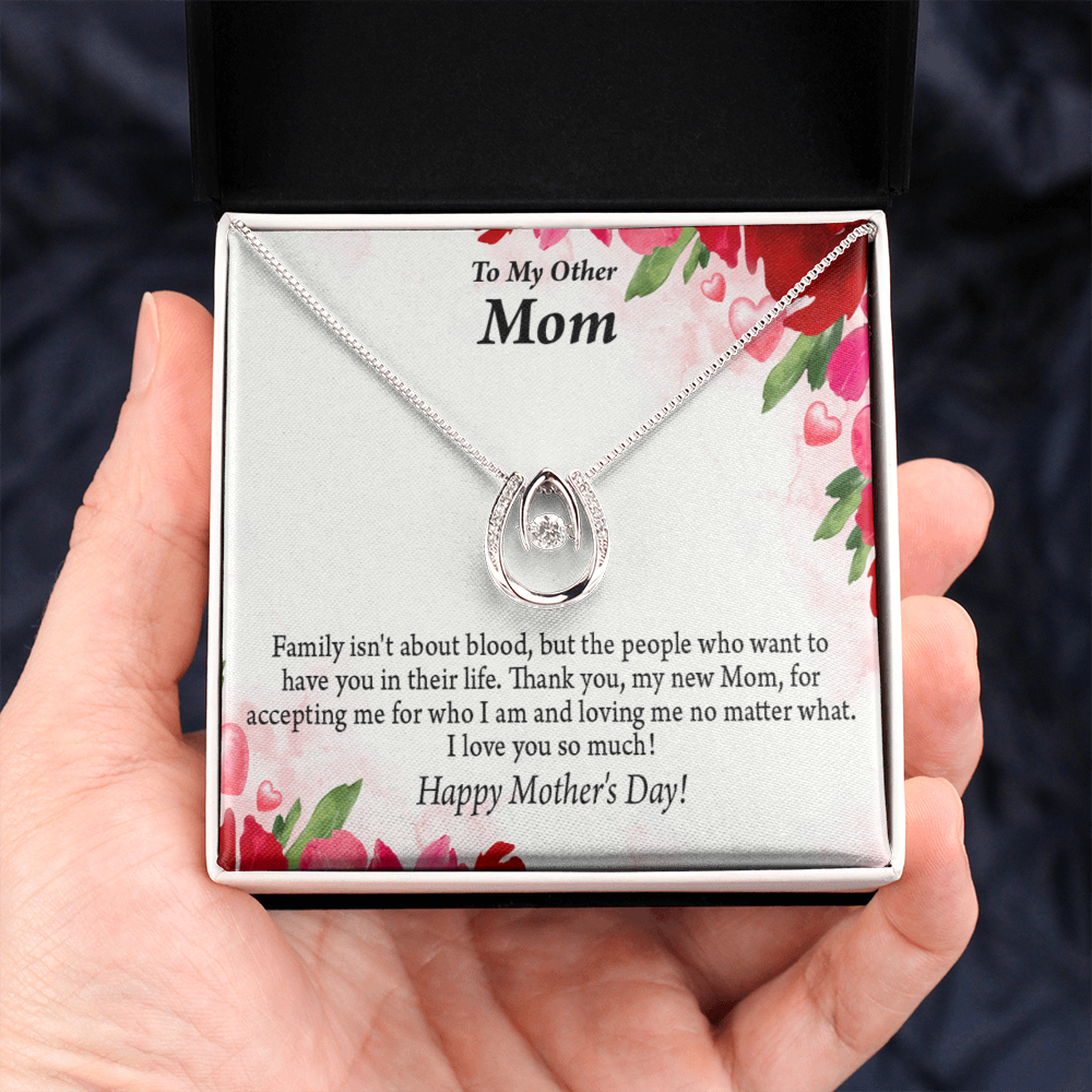 Bonus Mom My Unbiological Mom Lucky Horseshoe Necklace Message Card 14k w CZ Crystals-Express Your Love Gifts