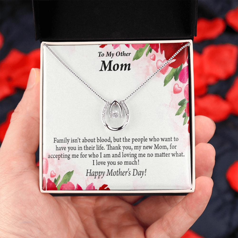 Bonus Mom My Unbiological Mom Lucky Horseshoe Necklace Message Card 14k w CZ Crystals-Express Your Love Gifts