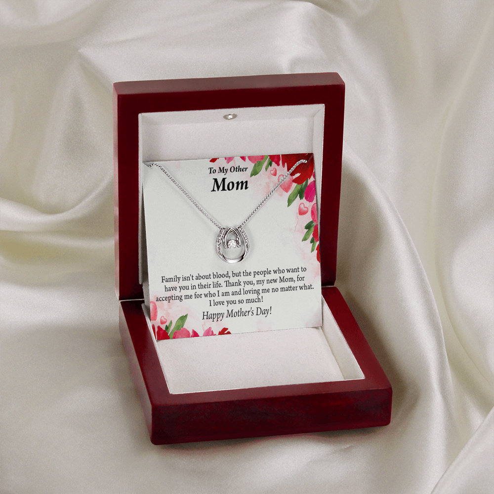 Bonus Mom My Unbiological Mom Lucky Horseshoe Necklace Message Card 14k w CZ Crystals-Express Your Love Gifts