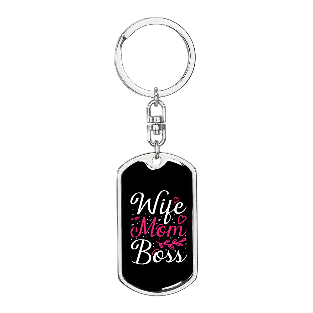Boss Mom Wife Keychain Stainless Steel or 18k Gold Dog Tag Keyring-Express Your Love Gifts