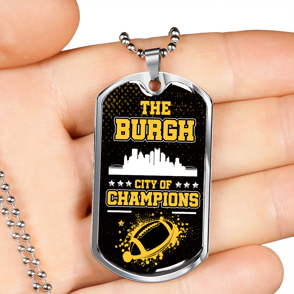 Burgh City of Champions Necklace Stainless Steel or 18k Gold Dog Tag 24" Chain-Express Your Love Gifts