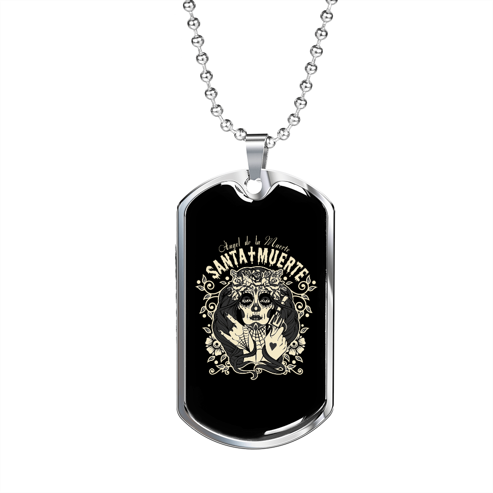 Calavera Mexican Sugar Angel Santa Muerte Necklace Stainless Steel or 18k Gold Dog Tag 24" Chain-Express Your Love Gifts