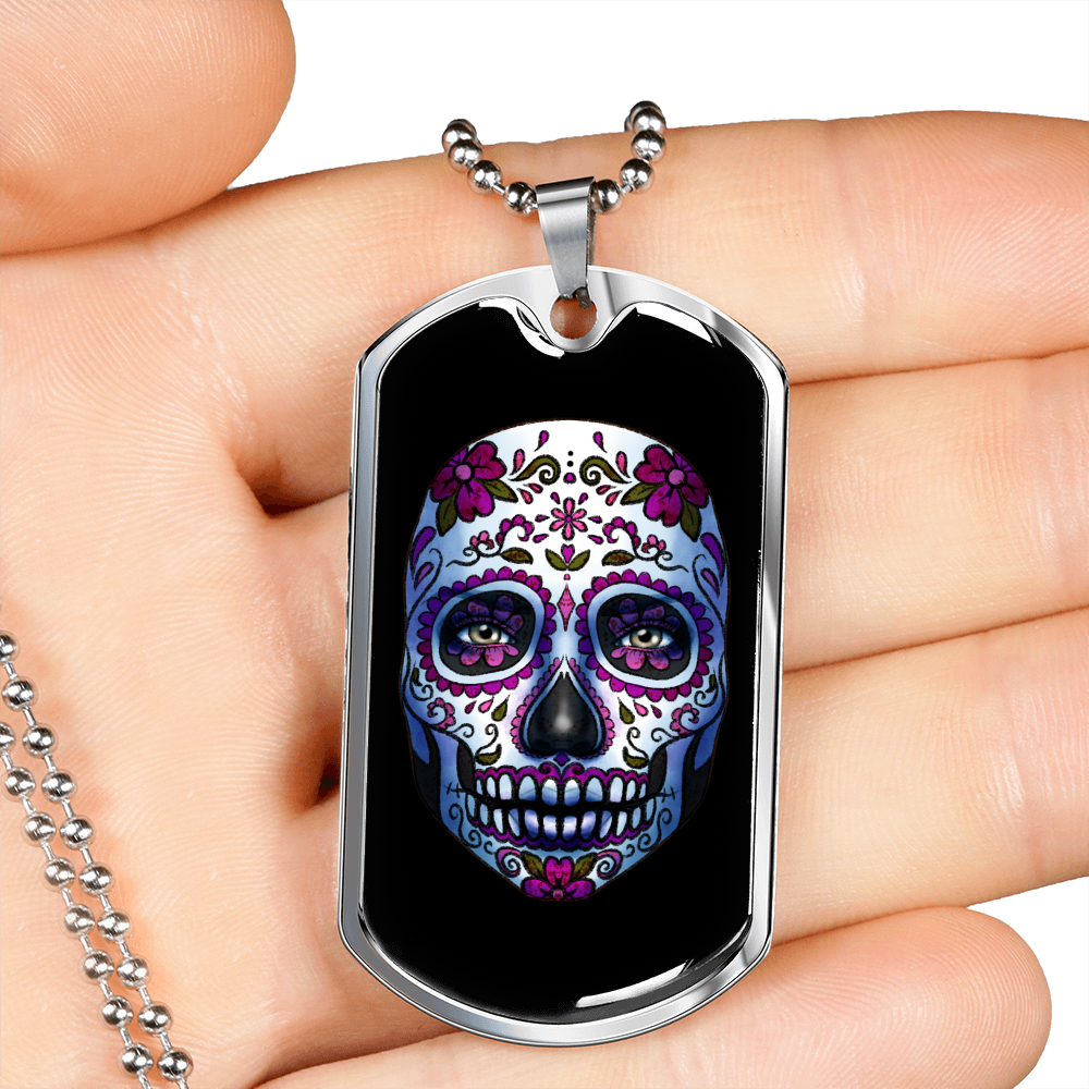 Calavera Mexican Sugar Blue Purple Skull Necklace Stainless Steel or 18k Gold Dog Tag 24" Chain-Express Your Love Gifts