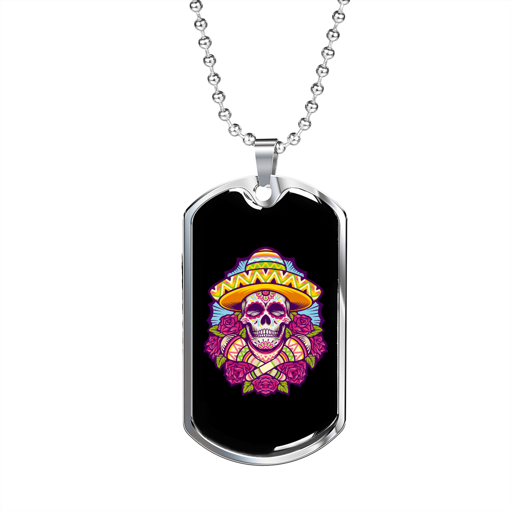 Calavera Mexican Sugar Dia De Los Muertos Sugar Skull Necklace Stainless Steel or 18k Gold Dog Tag 24" Chain-Express Your Love Gifts