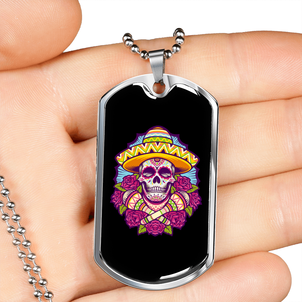 Calavera Mexican Sugar Dia De Los Muertos Sugar Skull Necklace Stainless Steel or 18k Gold Dog Tag 24" Chain-Express Your Love Gifts
