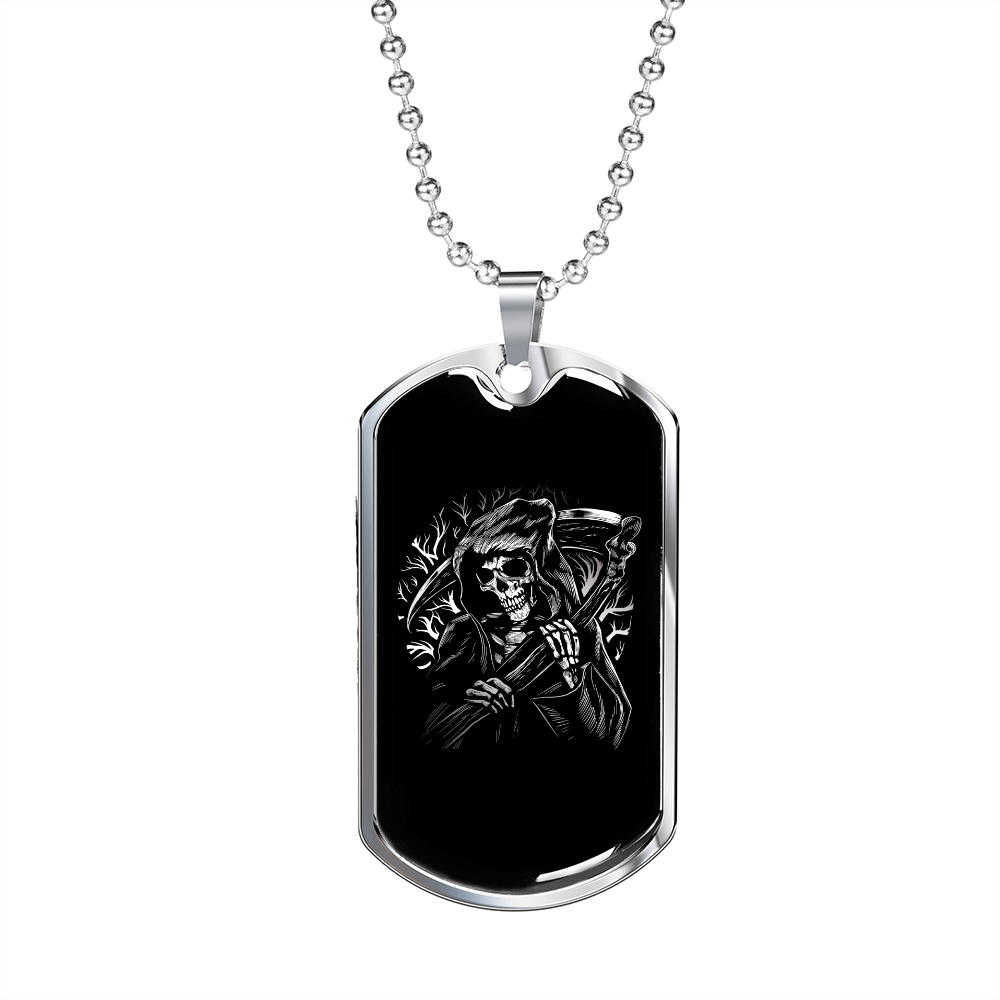 Calavera Mexican Sugar Grim Reaper Scythe Necklace Stainless Steel or 18k Gold Dog Tag 24" Chain-Express Your Love Gifts