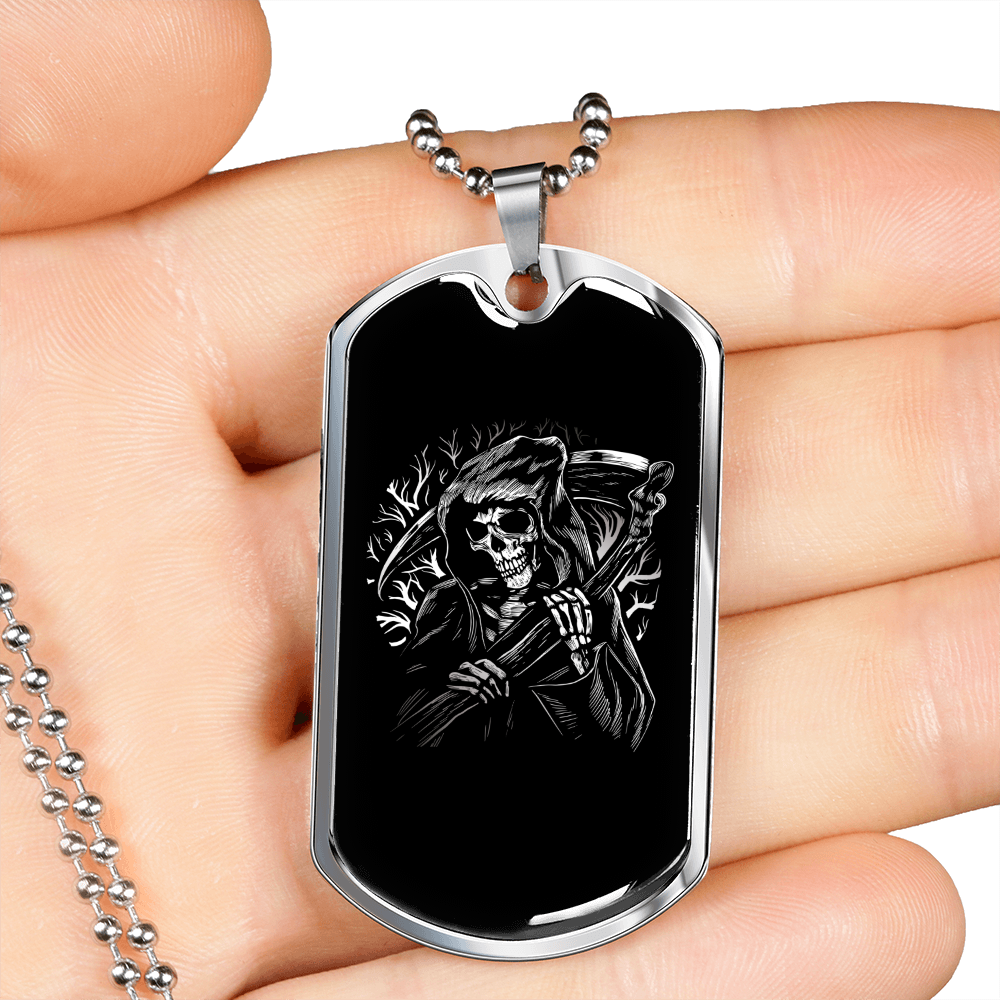 Calavera Mexican Sugar Grim Reaper Scythe Necklace Stainless Steel or 18k Gold Dog Tag 24" Chain-Express Your Love Gifts