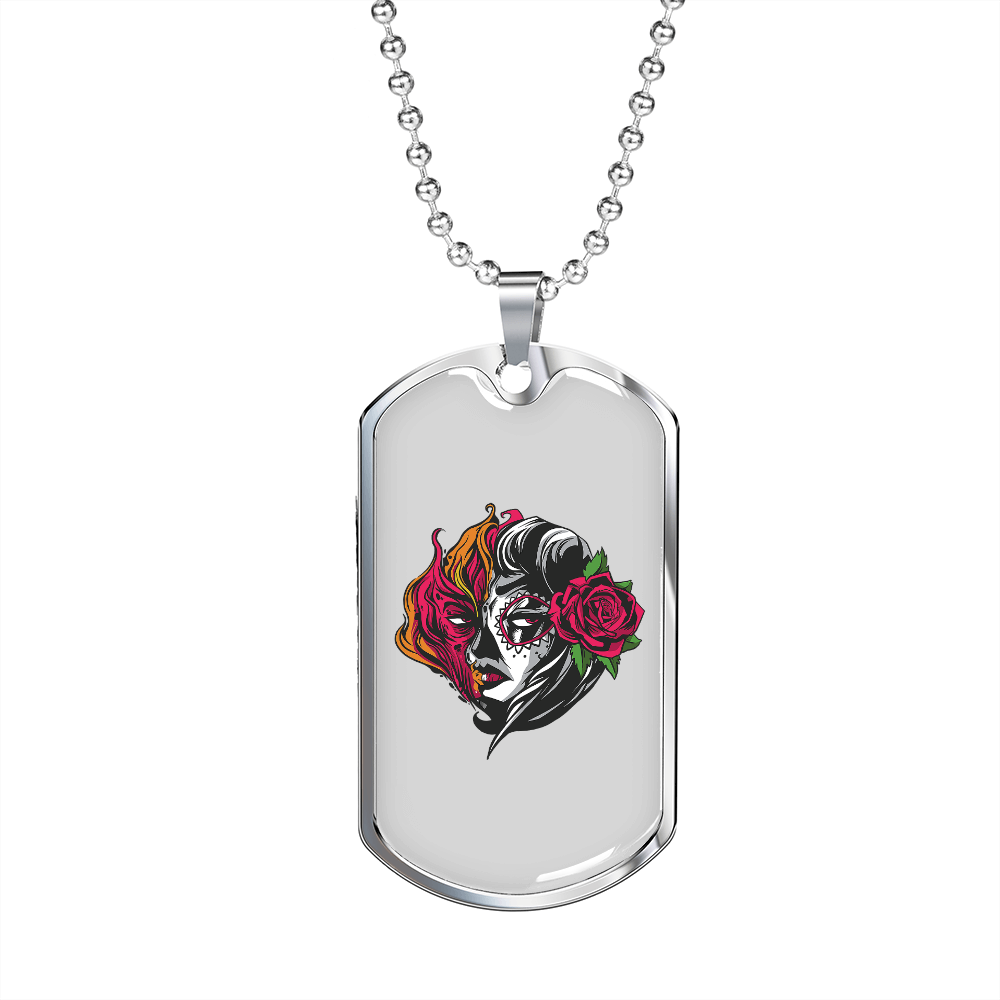 Calavera Mexican Sugar Mexican Fire Girl Necklace Stainless Steel or 18k Gold Dog Tag 24" Chain-Express Your Love Gifts