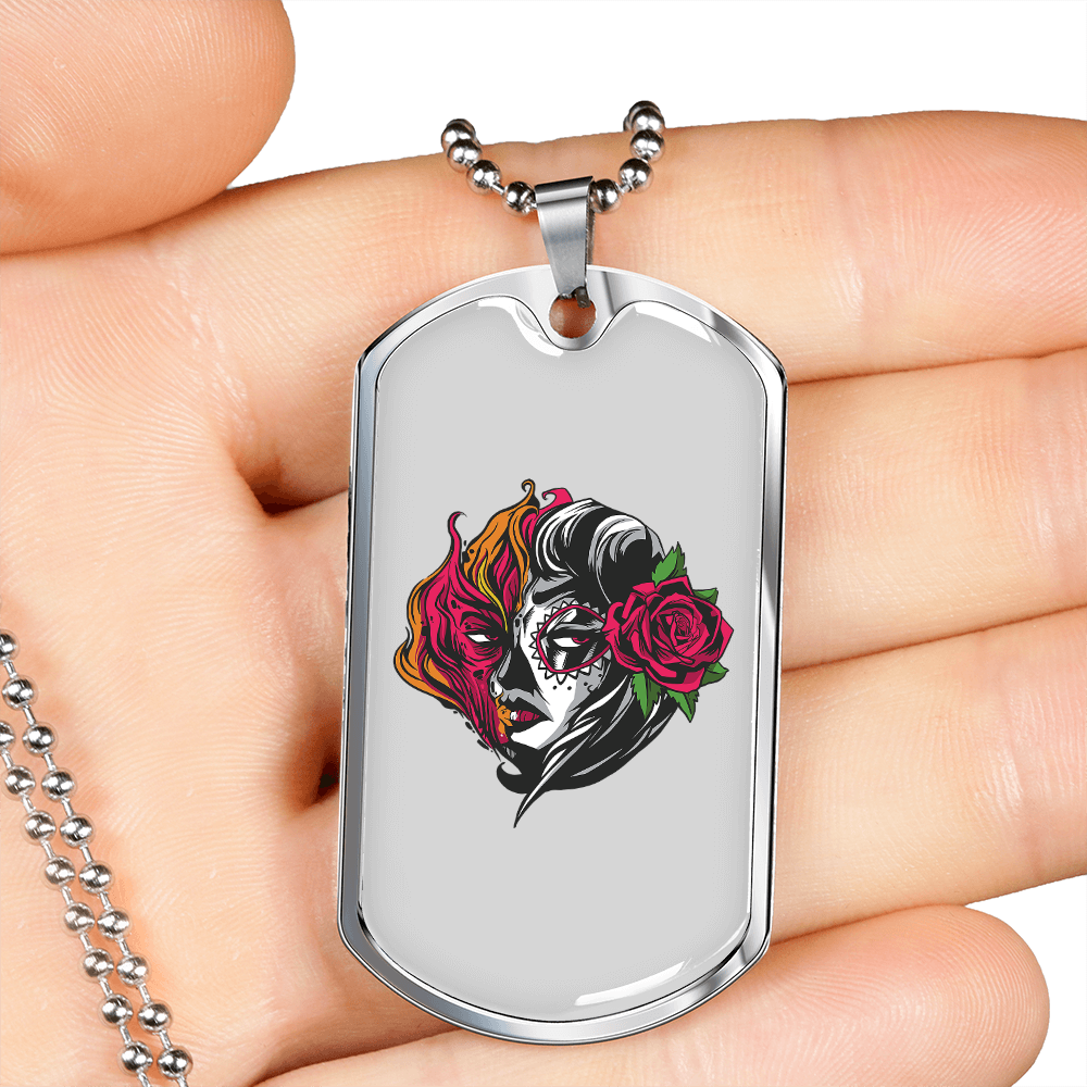 Calavera Mexican Sugar Mexican Fire Girl Necklace Stainless Steel or 18k Gold Dog Tag 24" Chain-Express Your Love Gifts