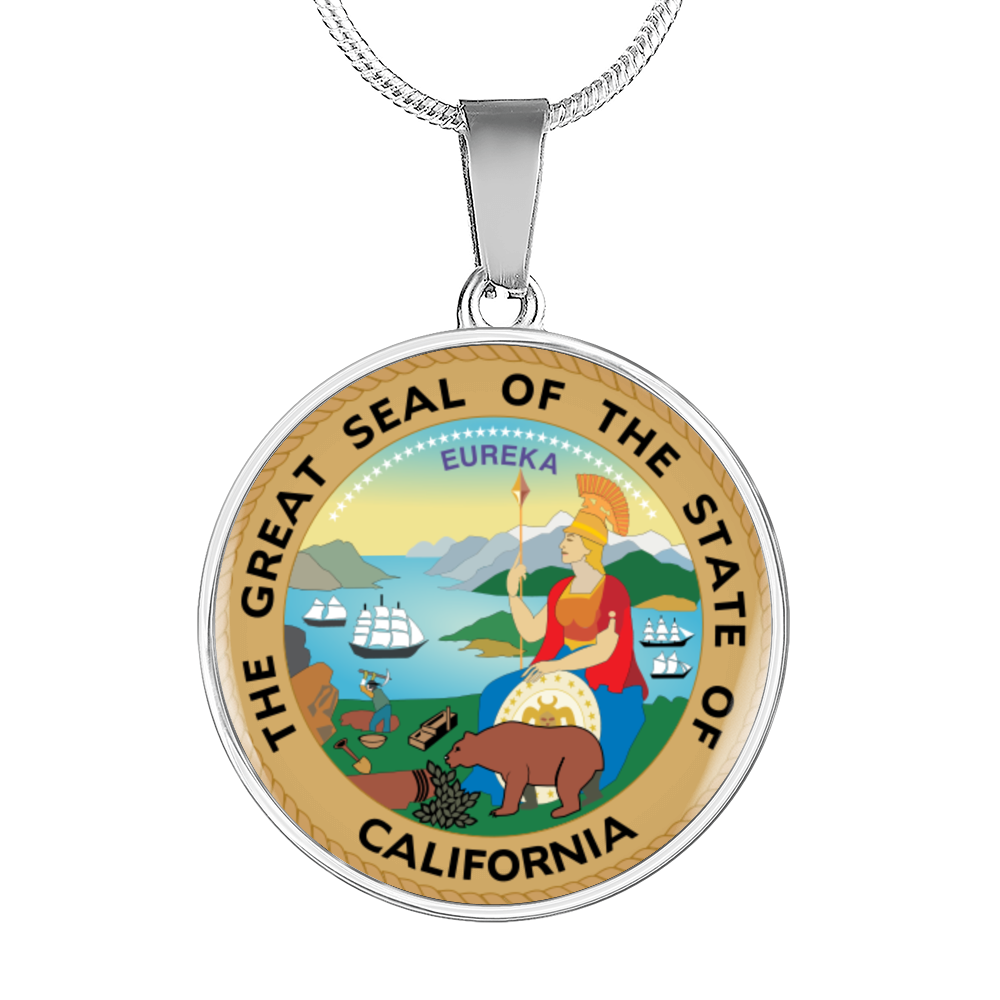 California State Seal Necklace Circle Pendant Stainless Steel or 18k Gold 18-22"-Express Your Love Gifts