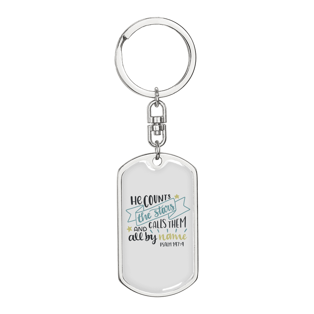 Calls Them All By Name Psalm147:4 Keychain Stainless Steel or 18k Gold Dog Tag Keyring-Express Your Love Gifts