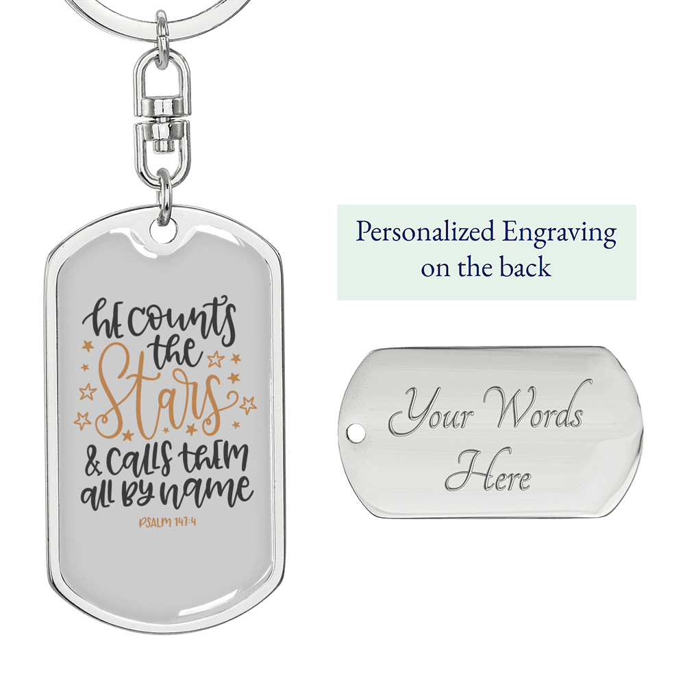 Calls Them By Name Psalm 147:4 Keychain Stainless Steel or 18k Gold Dog Tag Keyring-Express Your Love Gifts