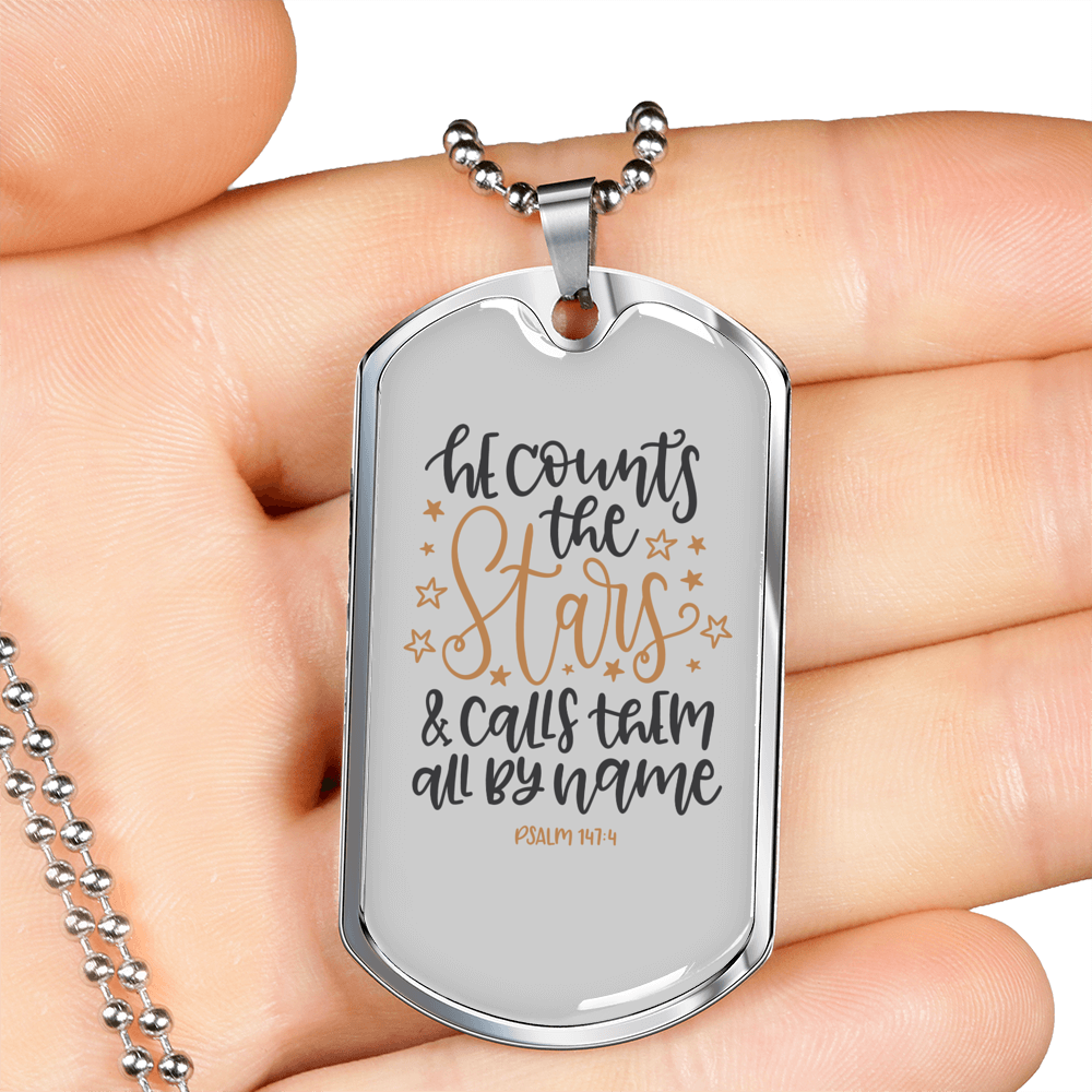 Calls Them By Name Psalm 147:4 Necklace Stainless Steel or 18k Gold Dog Tag 24" Chain-Express Your Love Gifts