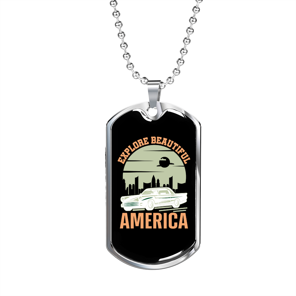 Camper Necklace Explore Beautiful America Necklace Stainless Steel or 18k Gold Dog Tag 24" Chain-Express Your Love Gifts