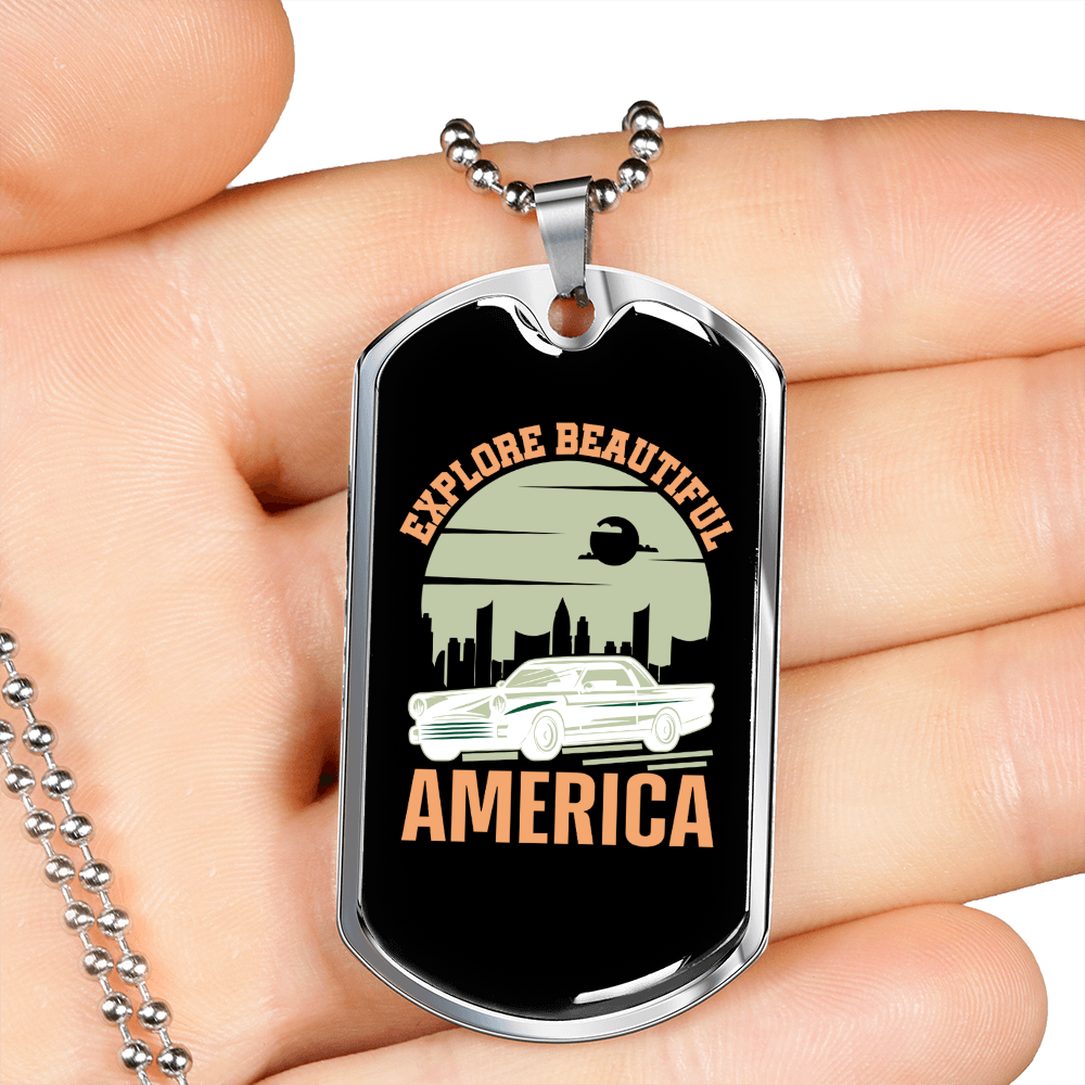 Camper Necklace Explore Beautiful America Necklace Stainless Steel or 18k Gold Dog Tag 24" Chain-Express Your Love Gifts