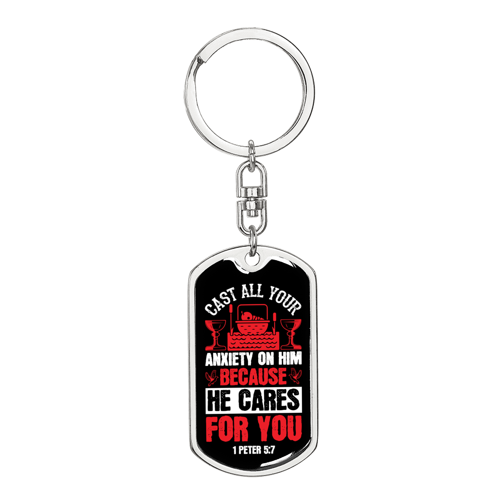 Cast All Anxiety 1 Peter 5:7 Keychain Stainless Steel or 18k Gold Dog Tag Keyring-Express Your Love Gifts