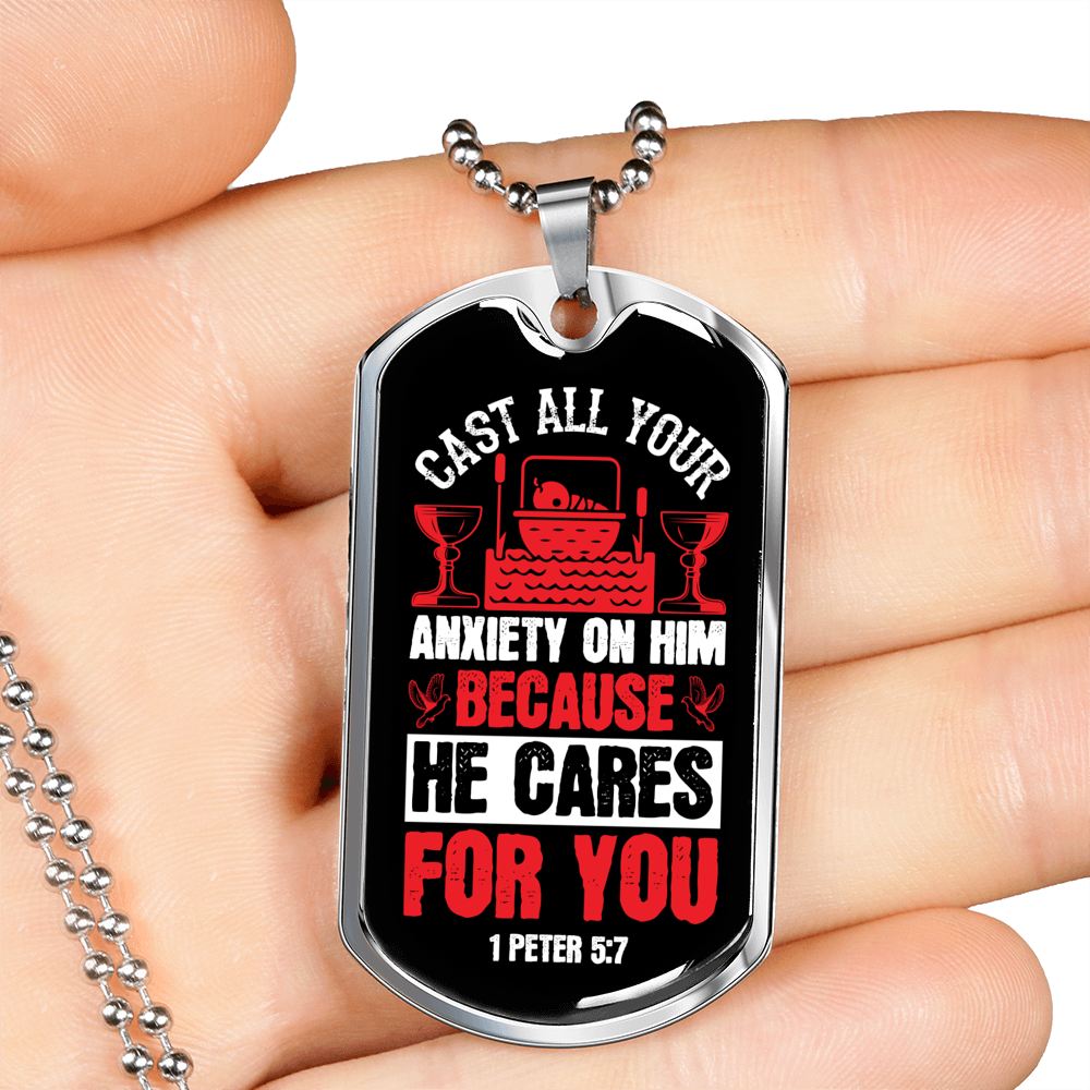 Cast All Anxiety 1 Peter 5:7 Necklace Stainless Steel or 18k Gold Dog Tag 24" Chain-Express Your Love Gifts
