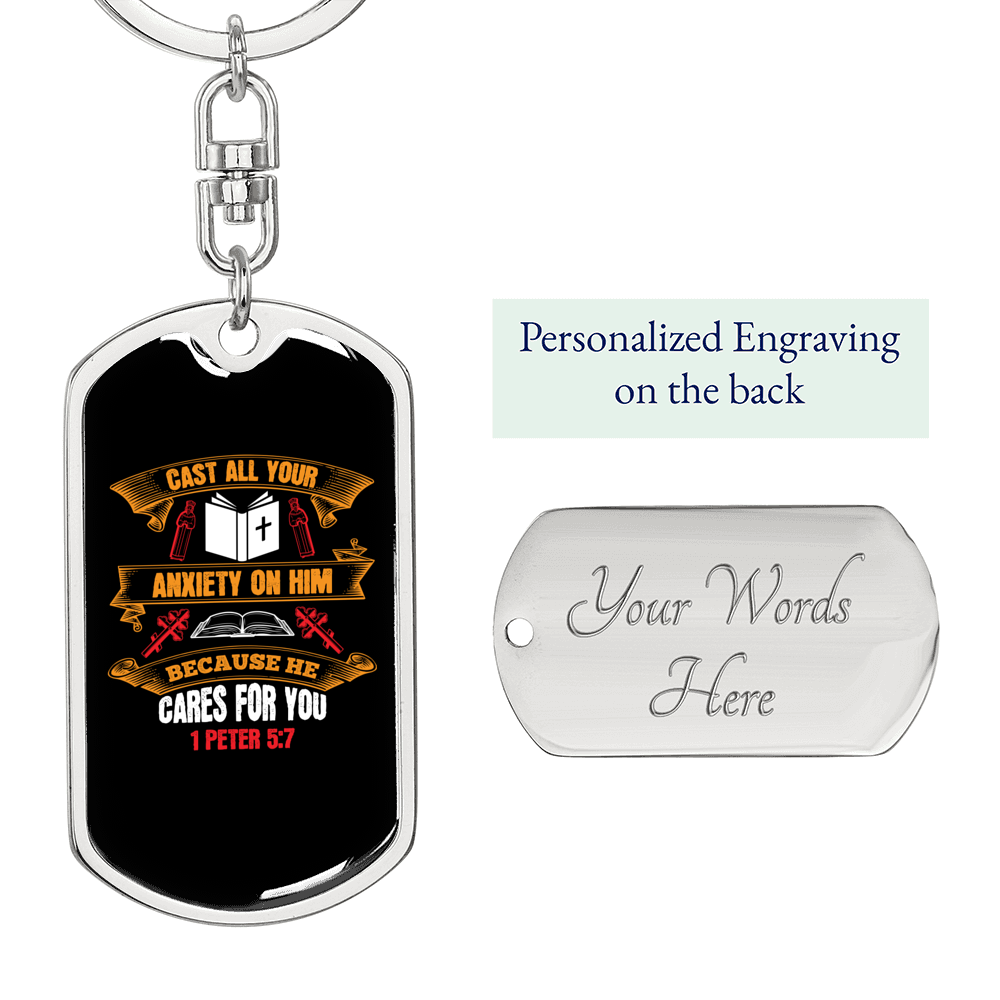 Cast All Your Anxiety 1 Peter 5:7 Keychain Stainless Steel or 18k Gold Dog Tag Keyring-Express Your Love Gifts