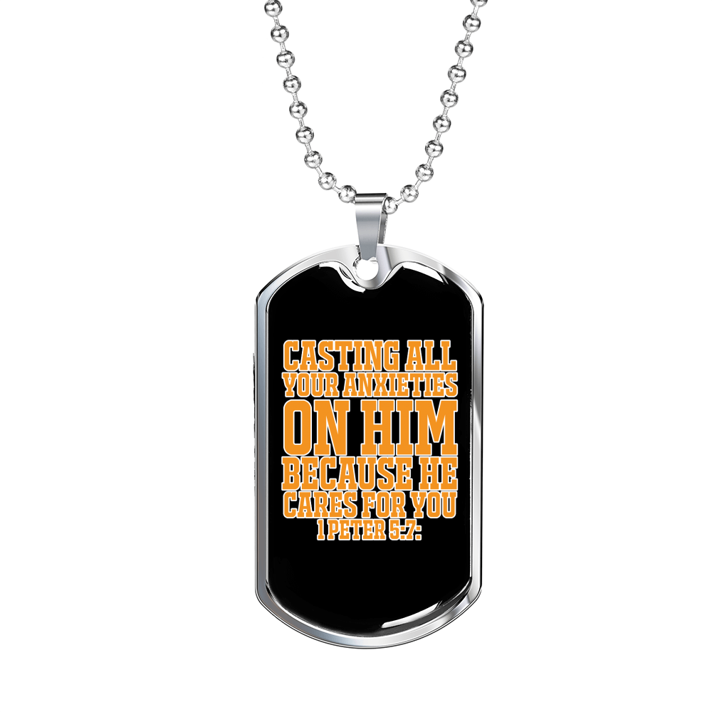 Cast Anxieties On Him 1 Peter 5:7 Necklace Stainless Steel or 18k Gold Dog Tag 24" Chain-Express Your Love Gifts