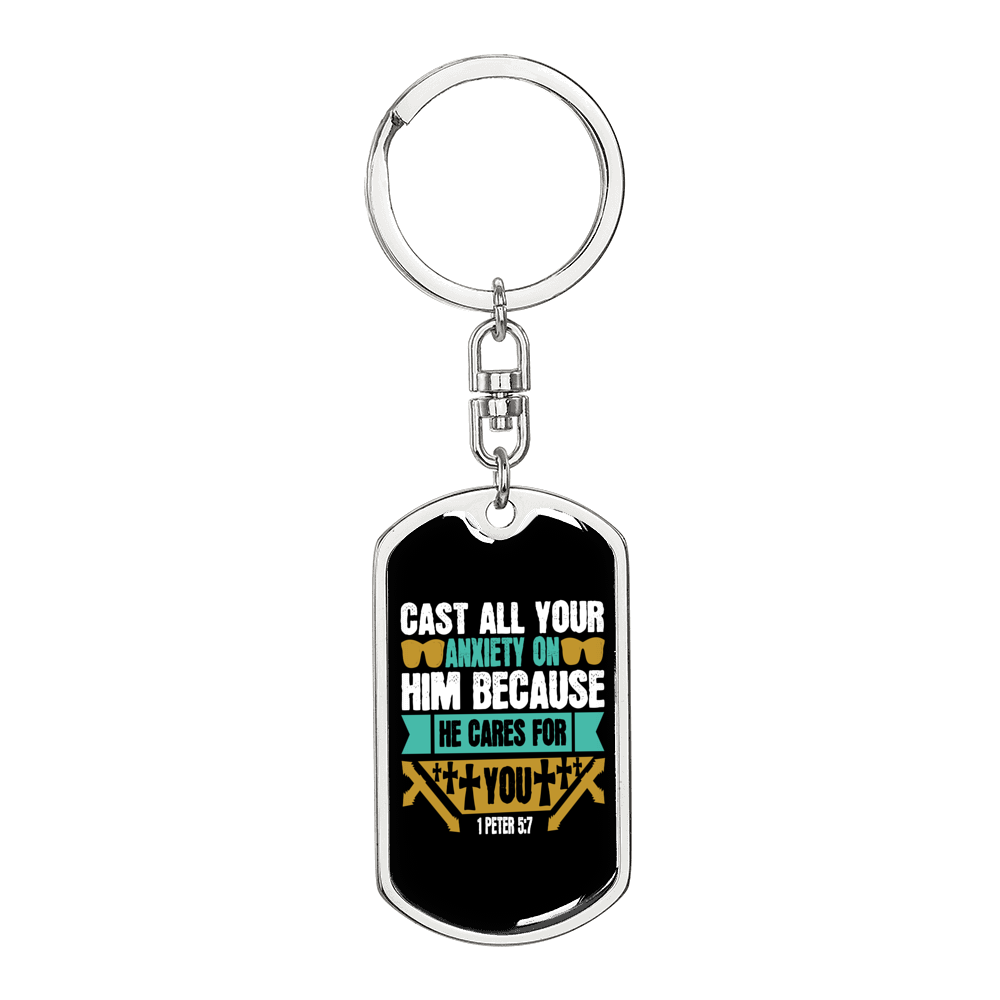 Cast Your Anxiety 1 Peter 5:7 Keychain Stainless Steel or 18k Gold Dog Tag Keyring-Express Your Love Gifts