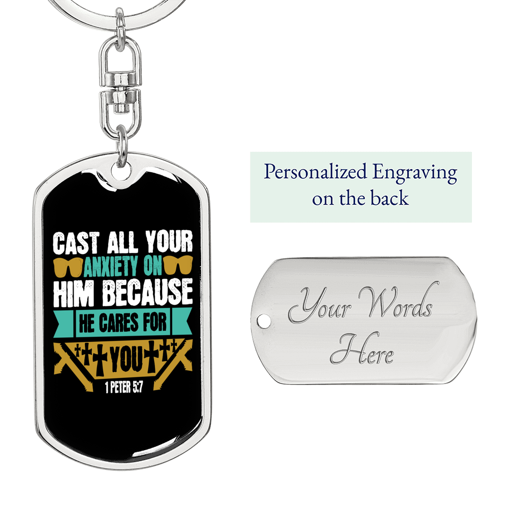 Cast Your Anxiety 1 Peter 5:7 Keychain Stainless Steel or 18k Gold Dog Tag Keyring-Express Your Love Gifts