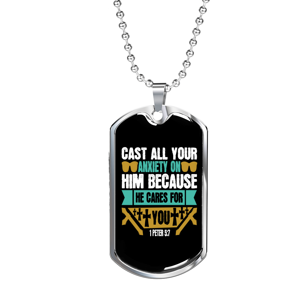 Cast Your Anxiety 1 Peter 5:7 Necklace Stainless Steel or 18k Gold Dog Tag 24" Chain-Express Your Love Gifts