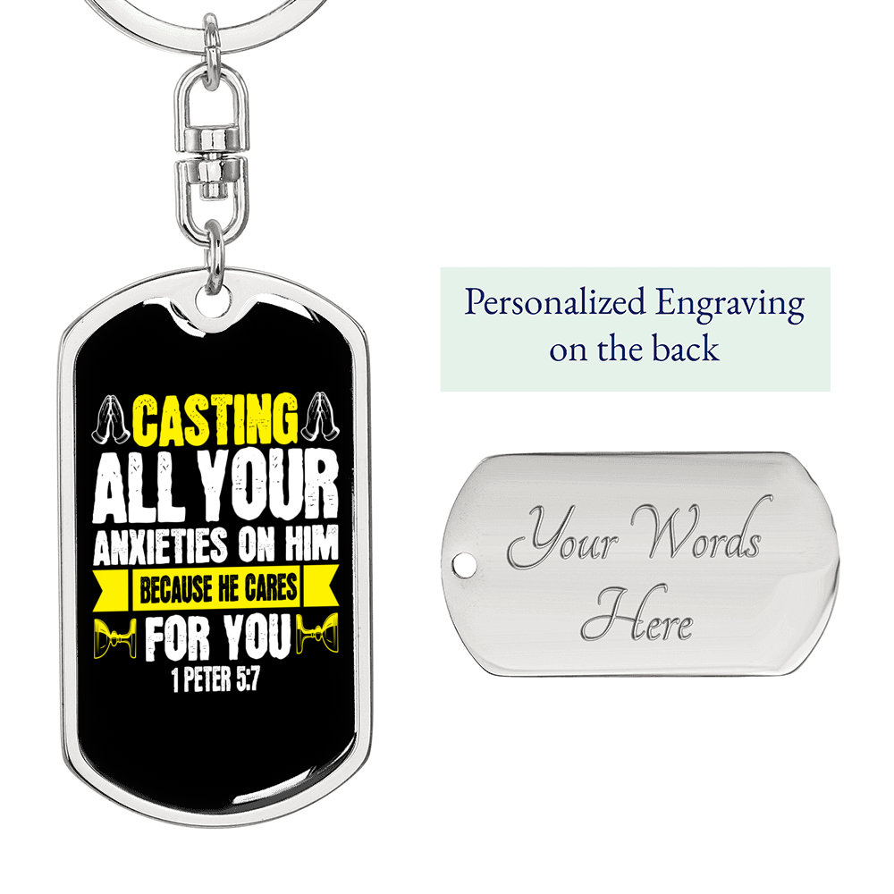 Casting All Anxieties 1 Peter 5:7 Keychain Stainless Steel or 18k Gold Dog Tag Keyring-Express Your Love Gifts