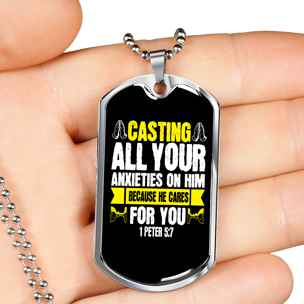 Casting All Anxieties 1 Peter 5:7 Necklace Stainless Steel or 18k Gold Dog Tag 24" Chain-Express Your Love Gifts