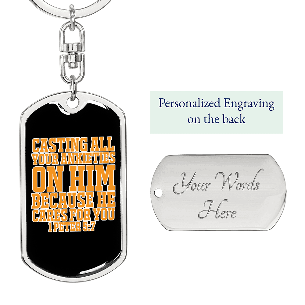 Casting Anxieties 1 Peter 5:7 Keychain Stainless Steel or 18k Gold Dog Tag Keyring-Express Your Love Gifts