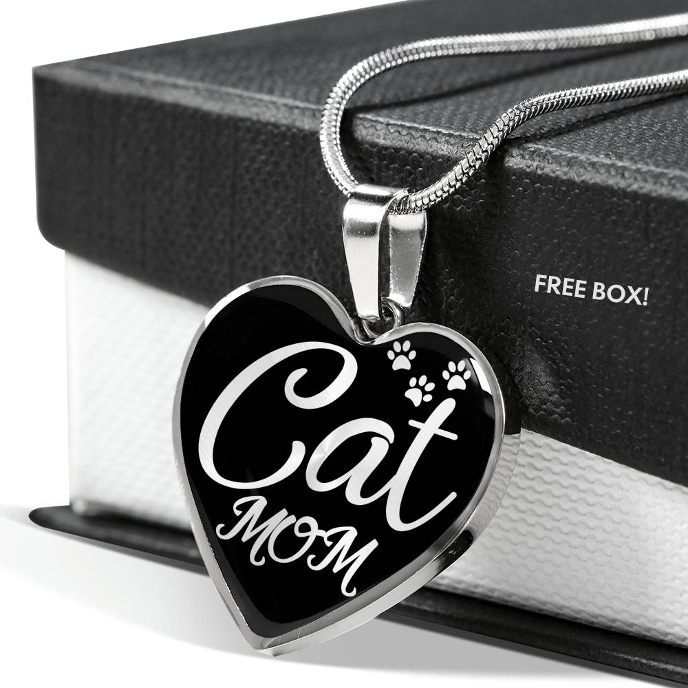 Cat Lover Necklace Cat Mom Heart Pendant Stainless Steel or 18k Gold 18-22"-Express Your Love Gifts