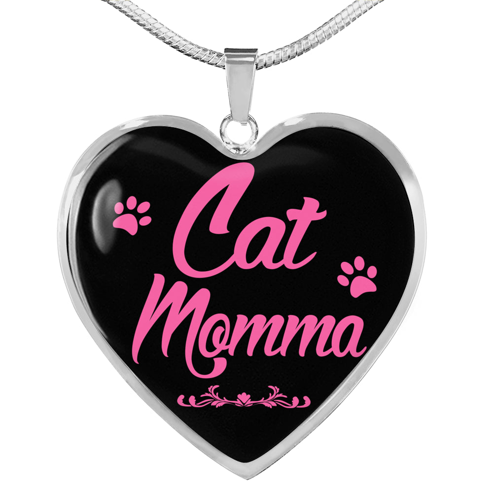 Cat Lover Necklace Cat Momma Heart Pendant Stainless Steel or 18k Gold 18-22"-Express Your Love Gifts