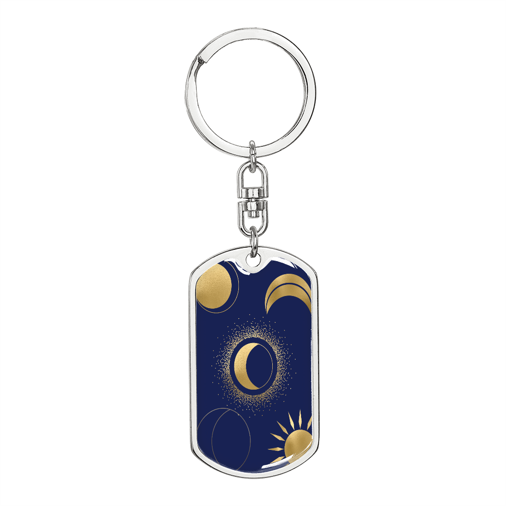 Celestial Half Moon and Sun Keychain Stainless Steel or 18k Gold Dog Tag Keyring-Express Your Love Gifts