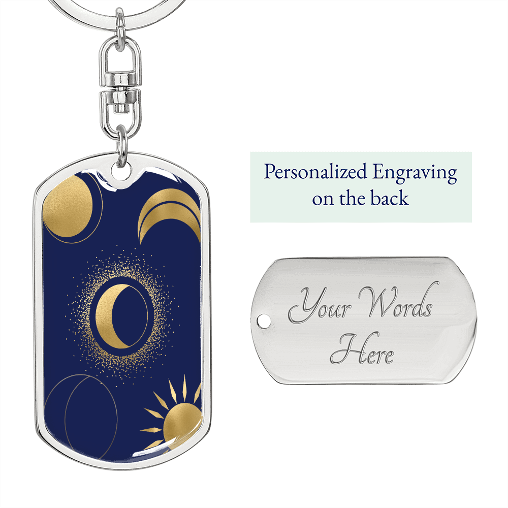 Celestial Half Moon and Sun Keychain Stainless Steel or 18k Gold Dog Tag Keyring-Express Your Love Gifts