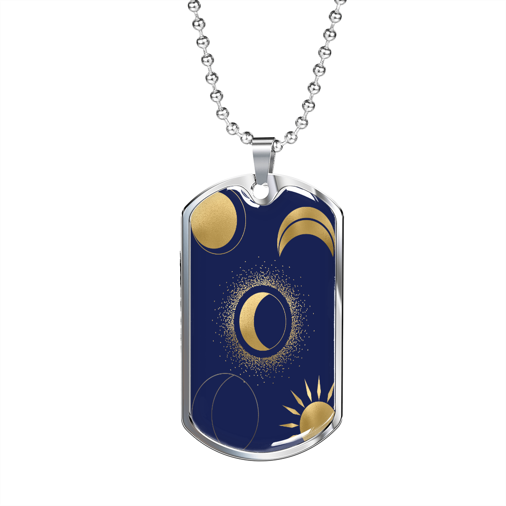 Celestial Half Moon and Sun Necklace Stainless Steel or 18k Gold Dog Tag 24" Chain-Express Your Love Gifts