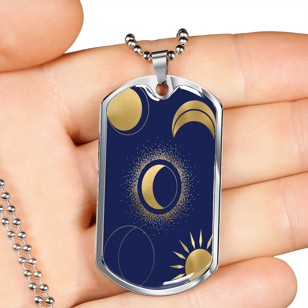 Celestial Half Moon and Sun Necklace Stainless Steel or 18k Gold Dog Tag 24" Chain-Express Your Love Gifts
