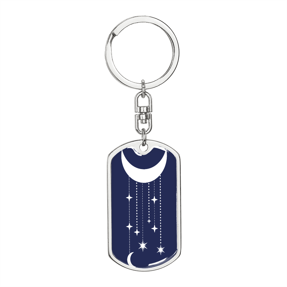 Celestial Half Moon Hanging Stars Keychain Stainless Steel or 18k Gold Dog Tag Keyring-Express Your Love Gifts