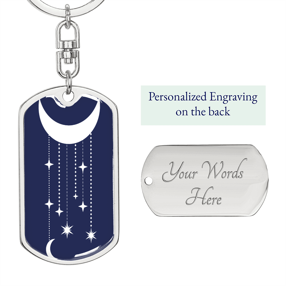 Celestial Half Moon Hanging Stars Keychain Stainless Steel or 18k Gold Dog Tag Keyring-Express Your Love Gifts