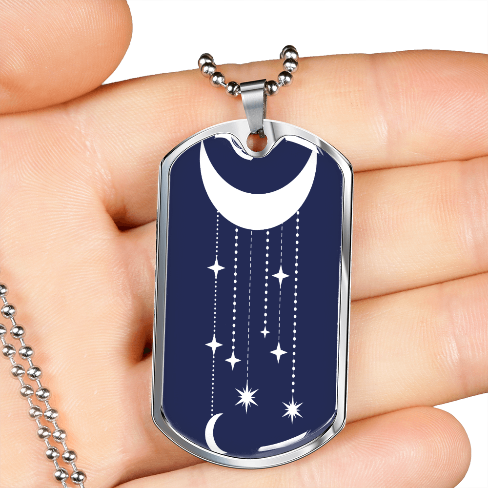 Celestial Half Moon Hanging Stars Necklace Stainless Steel or 18k Gold Dog Tag 24" Chain-Express Your Love Gifts