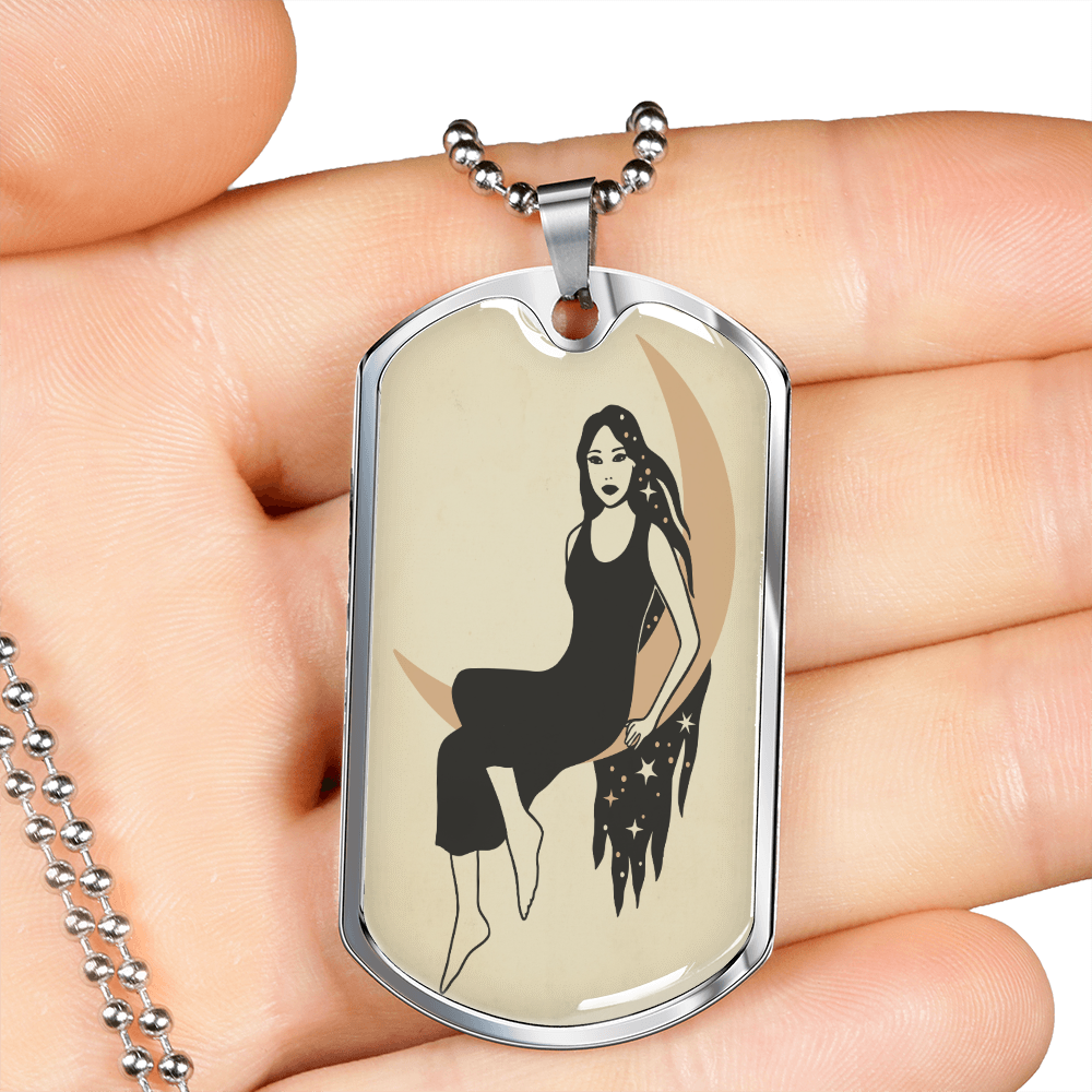 Celestial Woman on Moon Necklace Stainless Steel or 18k Gold Dog Tag 24" Chain-Express Your Love Gifts