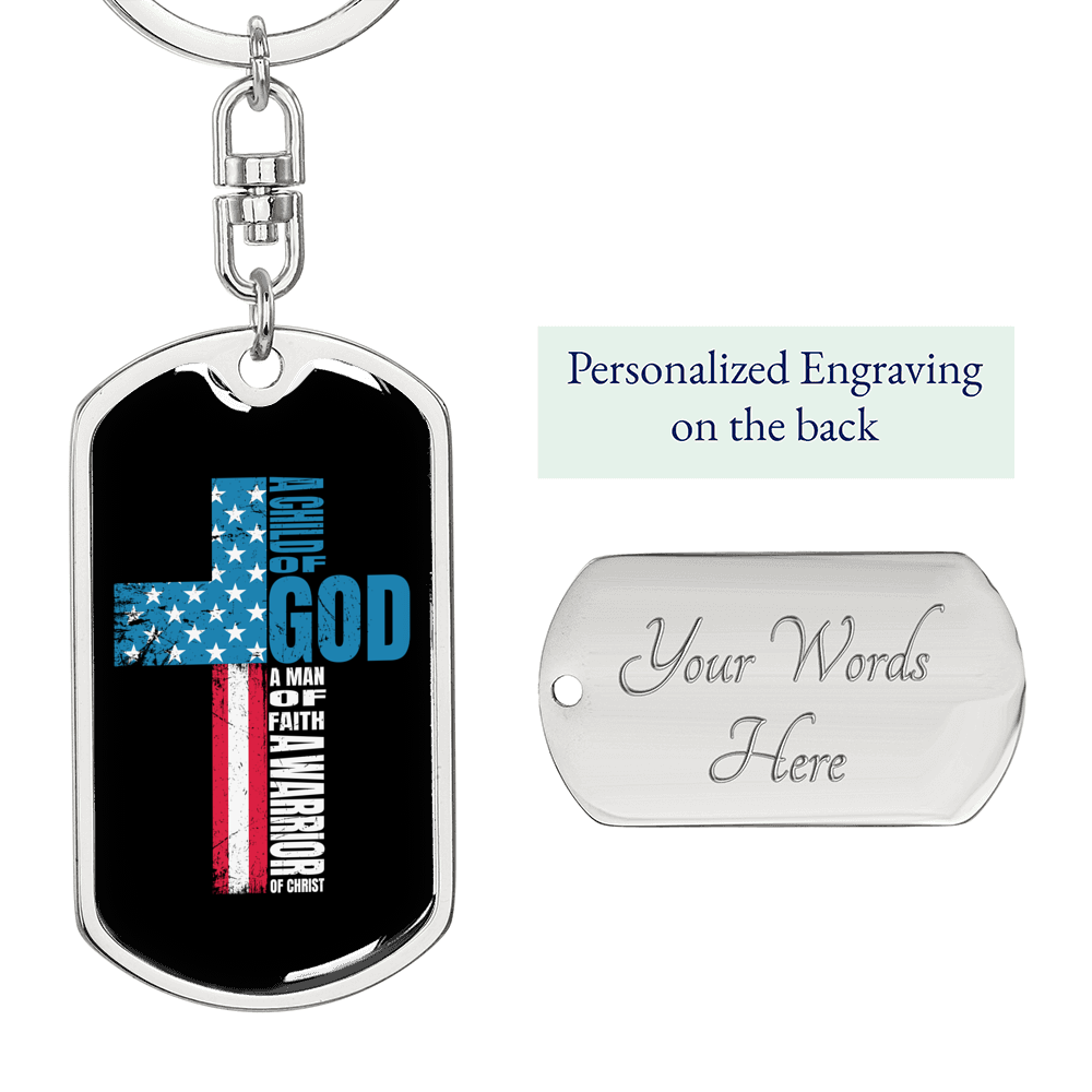 Child Of God Warrior Christian Keychain Stainless Steel or 18k Gold Dog Tag Keyring-Express Your Love Gifts