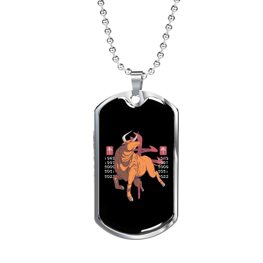 Chinese Zodiac Ox Zodiac Necklace Stainless Steel or 18k Gold Dog Tag 24" Chain-Express Your Love Gifts