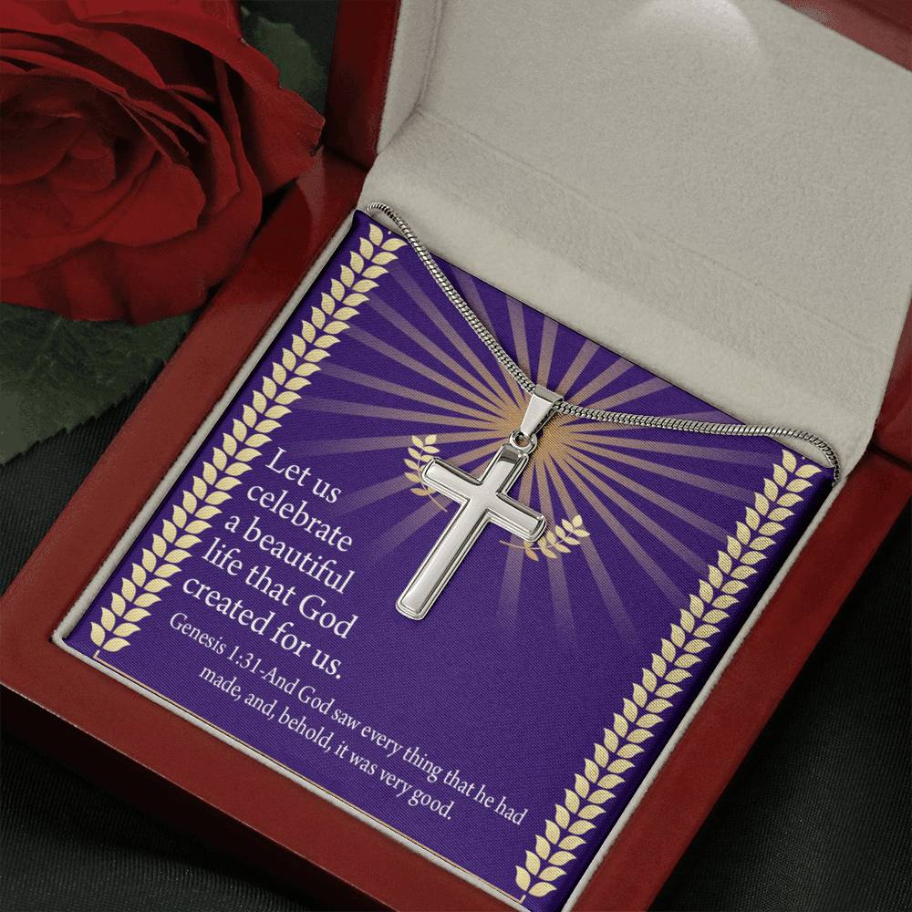 Christian Encouragement Beautiful Life Genesis 1:31 Cross Card Necklace w Stainless Steel Pendant-Express Your Love Gifts