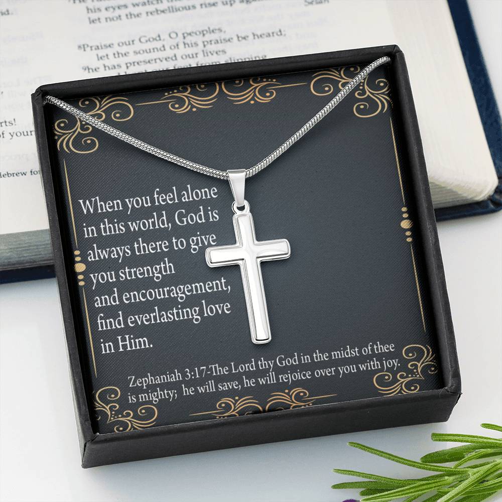 Christian Encouragement Care & Concern Zephaniah 3:17 Cross Card Necklace w Stainless Steel Pendant-Express Your Love Gifts