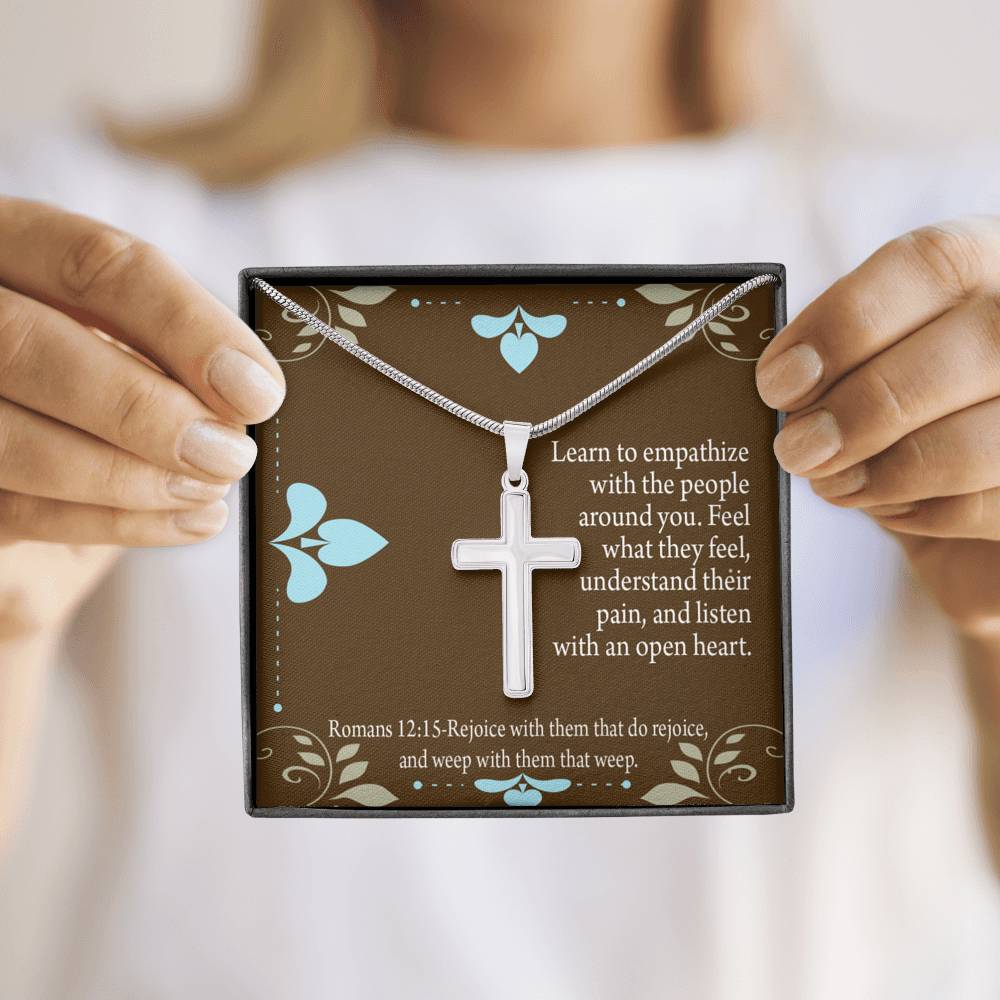 Christian Encouragement Empathy & Understanding Romans 12:15 Cross Card Necklace w Stainless Steel Pendant-Express Your Love Gifts