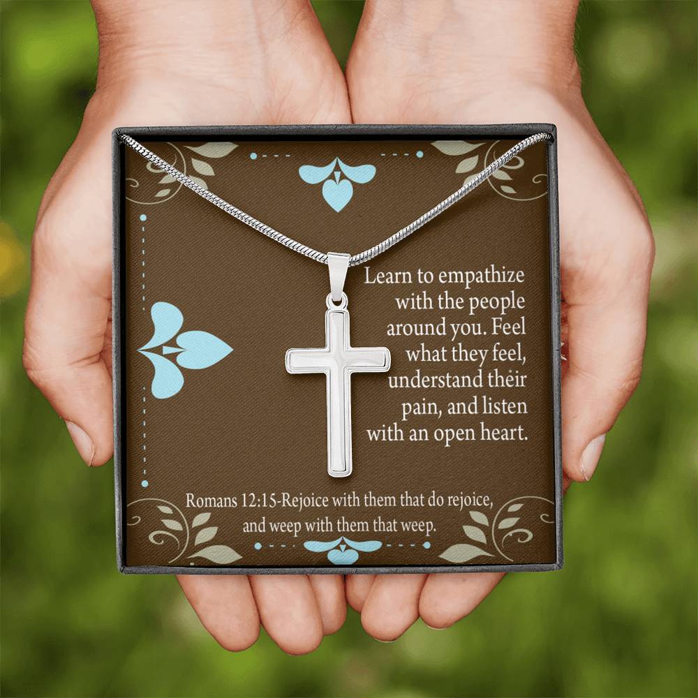 Christian Encouragement Empathy & Understanding Romans 12:15 Cross Card Necklace w Stainless Steel Pendant-Express Your Love Gifts