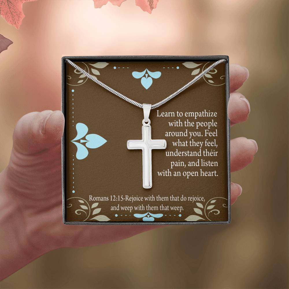 Christian Encouragement Empathy & Understanding Romans 12:15 Cross Card Necklace w Stainless Steel Pendant-Express Your Love Gifts