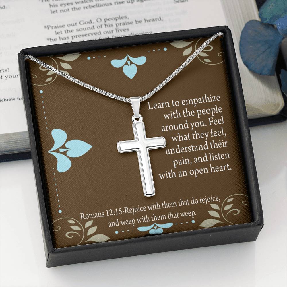 Christian Encouragement Empathy & Understanding Romans 12:15 Cross Card Necklace w Stainless Steel Pendant-Express Your Love Gifts