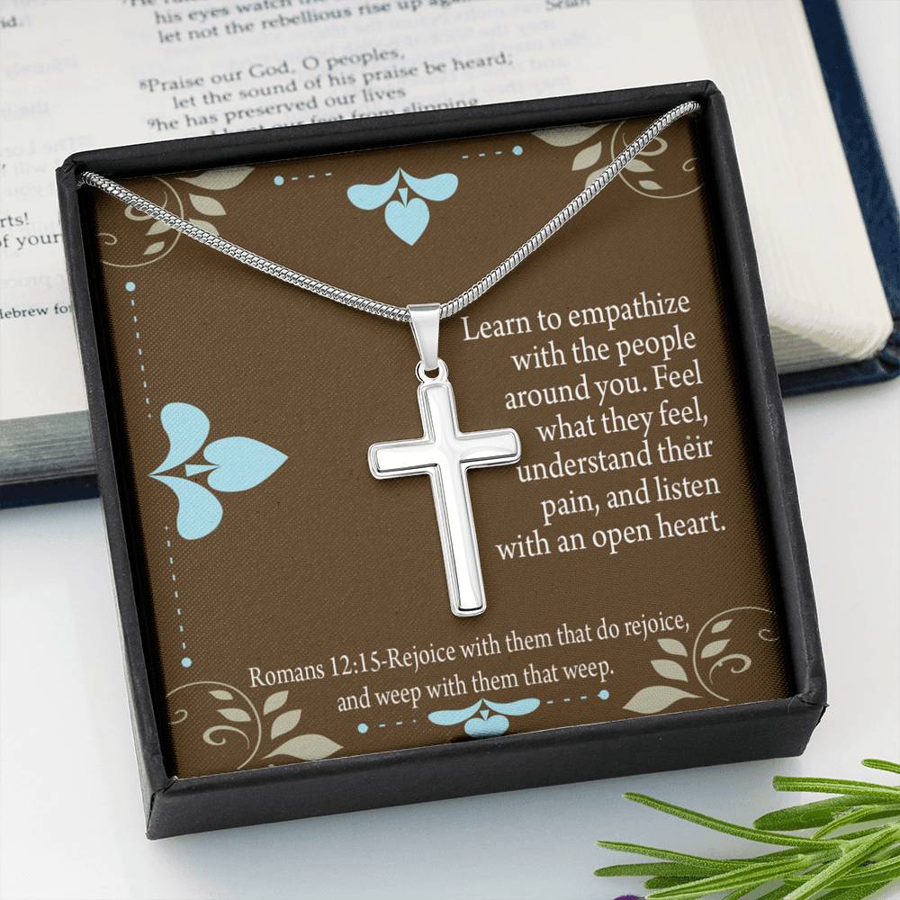 Christian Encouragement Empathy & Understanding Romans 12:15 Cross Card Necklace w Stainless Steel Pendant-Express Your Love Gifts